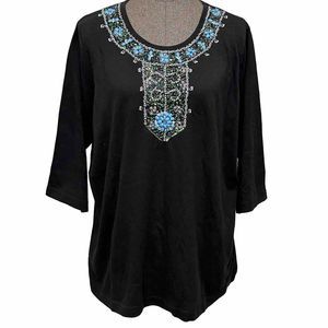 Quacker Factory Embellished Knit Top Size 1X T Shirt Beaded Sequins 3/4 Sleeve